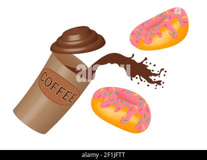 Splash of coffee in a paper cup and donuts with pink icing. Takeaway food, a splash of hot chocolate from a disposable cup and flying caramel donuts Stock Photo