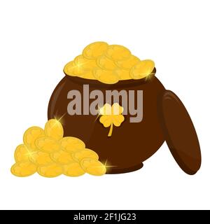 Cartoon pot of gold coins isolated on white background close-up. Full pot of gold coins for St. Patrick's holiday design. Stock Photo