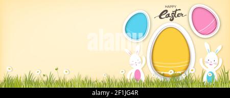 Bunnies with empty colorful eggs for adding your texts or pictures in beige color banner background with happy Easter text Stock Vector