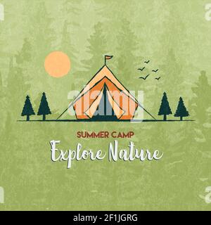 Explore nature illustration, hand drawn camping tent in pine tree forest landscape. Eco tourism or summer camp concept. Stock Vector