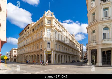 Havana Cuba. November 25, 2020: Exterior view of the Inglaterra hotel in Havana, a place visited by tourists