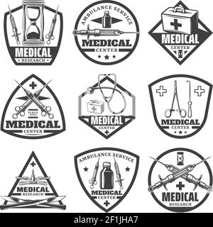 Vintage monochrome medical labels set with hourglass doctor bag syringe stethoscope bottle scales surgical tools isolated vector illustration Stock Vector
