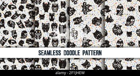 Set of seamless doodle owl patterns. Cute print collection for kids, scrap and other. Vector endless illustrations Stock Vector