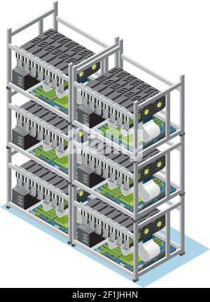 Isometric crypto currency mining farm concept with many motherboards and video cards isolated vector illustration Stock Vector