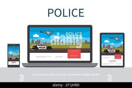 Flat police colorful concept with cityscape flying helicopter moving car adaptive for mobile tablet and laptop screens isolated vector illustration Stock Vector