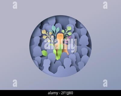 Unique man standing out from the crowd in 3D paper cut style. Be different, individuality concept. Business leadership or successful character with co Stock Vector