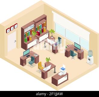 Isometric office workplace concept with tables chairs bookshelf computers printer clocks plants water cooler isolated vector illustration Stock Vector