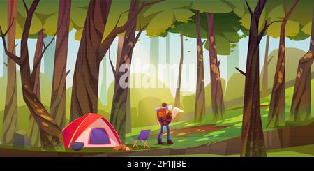 Traveler camp in forest, tourist with backpack and map stand at scenery wood landscape search right direction. Travel journey, adventure, orienteering or hiking lifestyle, Cartoon vector illustration Stock Vector