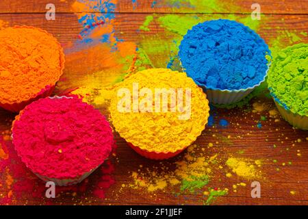 Colorful traditional holi powder in bowls. Happy holi. Concept Indian color festival called Holi. Organic Gulal dust Stock Photo