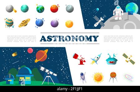 Flat universe elements colorful set with different planets astronaut in outer space satellite planetary telescope spaceship moon rover sun constellati Stock Vector