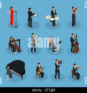 Isometric people in orchestra collection with conductor singer and musicians playing different musical instruments isolated vector illustration Stock Vector