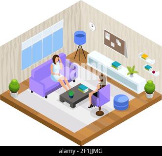 Professional support in stressful situations template with woman visiting psychologist in isometric style isolated vector illustration Stock Vector