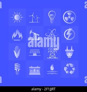Energy gradient icons set on blue background Stock Vector