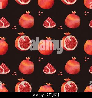 Watercolor pomegranate seamless pattern on black background Stock Photo