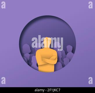 Man with arms crossed in front of people crowd, 3D papercut illustration of business leadership concept. Male team leader standing confident. Stock Vector