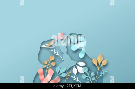 Old man woman couple looking at each other. People in love silhouette with spring nature leaves decoration and birds. Relationship psychology, older a Stock Vector