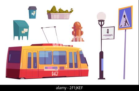 Set of city items tram, water hydrant or litter bin, mail box, street lamp with signboard, pedestrian on crosswalk road sign, green plant in flowerpot isolated on white background Cartoon vector icons Stock Vector