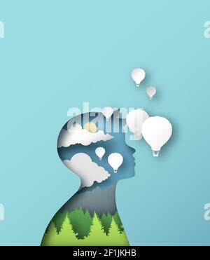 Little boy with hot air balloons, forest landscape and sky in modern paper cut craft style. Child imagination or student education concept. Stock Vector