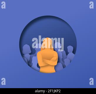 Woman with arms crossed in front of people crowd, 3D papercut illustration of business leadership concept. Male team leader standing confident. Stock Vector