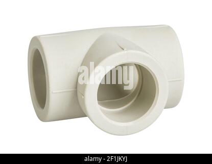 PVC house plumbing drain pipe tee connector isolated on a white background with clipping path. Pipe fitting, spare part Stock Photo
