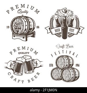 Set of vintage beer brewery emblems, labels, logos, badges and designed elements. Monochrome style. Isolated on white background Stock Vector