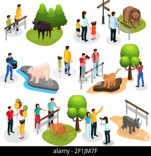 Isometric zoo elements collection with different animals families children and zookeepers isolated vector illustration Stock Vector