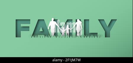 Family of mom, dad and children walking holding hands together in modern paper cut craft style with text quote sign background. Stock Vector