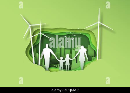 Family of mom, dad and children walking holding hands together in green eco friendly city. Paper cut craft style illustration for environment care lif Stock Vector