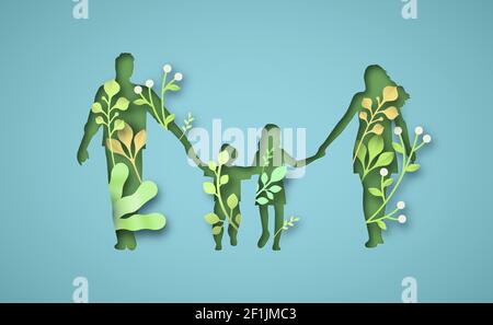 Family walking holding hands together with green nature decoration in modern paper cut craft style. Parent and children relationship or genealogy tree Stock Vector