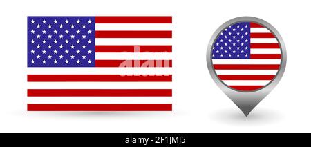 Vector flag USA. Location point with flag America inside. Color symbol isolated on white background. Stock Vector