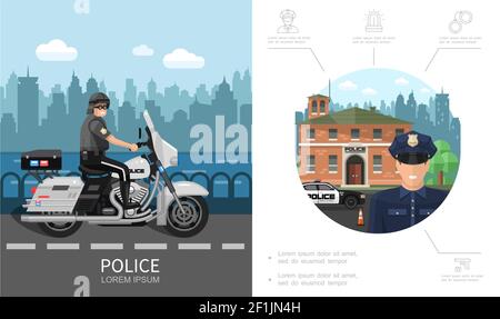 Policeman on police motorcycle on the road. Vector illustration Stock ...