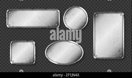 Old metal plates, steel signboards with screws isolated on transparent background. Vector realistic set of blank vintage shabby silver name plaques, sign boards different shapes with spalls Stock Vector