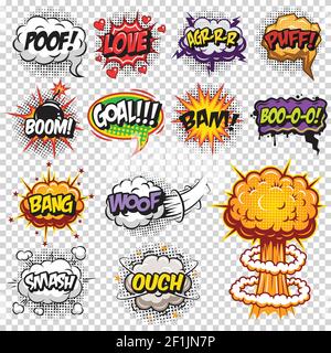 Set of comics speech and explosion bubbles. Colored with text on transparent background. Stock Vector