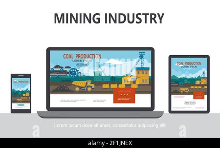 Flat mining industry adaptive design concept with industrial factory bucket wheel dump truck wagons transporting coal on tablet phone laptop screens i Stock Vector