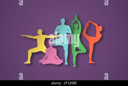 Colorful people group in yoga pose together, 3d papercut craft illustration for fitness concept or healthy lifestyle. Relaxing asana meditation positi Stock Vector