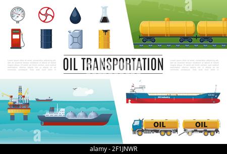 Flat oil industry elements set with truck gas station tanker valve manometer barrel canister gasoline tanks sea drilling rig vector illustration Stock Vector