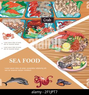Flat seafood template with plates of sea food sturgeon octopus mussels fish caviar prawns oysters crab on counter vector illustration Stock Vector