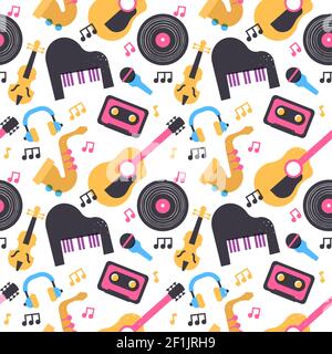 Colorful music instrument seamless pattern with cartoon piano, guitar, vinyl and more musical equipment icons. Retro style audio background design. Stock Vector
