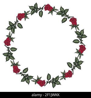 Circular frame with red roses. Freehand drawing, concept. Vector circle. For postcards, design and decoration. Red garden flowers with leaves in a Stock Vector