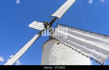 Europe, White wind mills for grinding wheat. Town of Consuegra in the province of Toledo, Spain Stock Photo