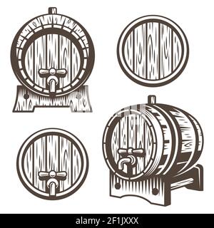 Set of vintage wooden barrels in different foreshortening. Monochrome style. Isolated on white back ground Stock Vector