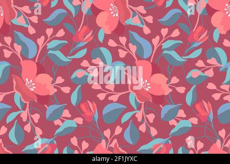 Art floral vector seamless pattern. Pink geranium, viola, blue leaves. Garden flowers, buds isolated on a maroon background. Endless pattern. Stock Vector