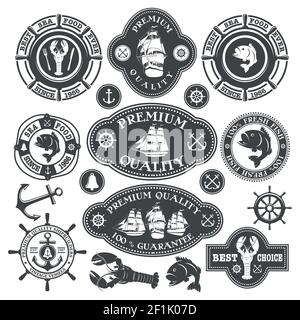 Collection of nautical labels, seafood illustrations and disigned elements Stock Vector