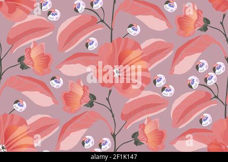 Art floral vector seamless pattern. Pink mallows, branches, leaves, blue berries isolated on a dusty pink background. Stock Vector