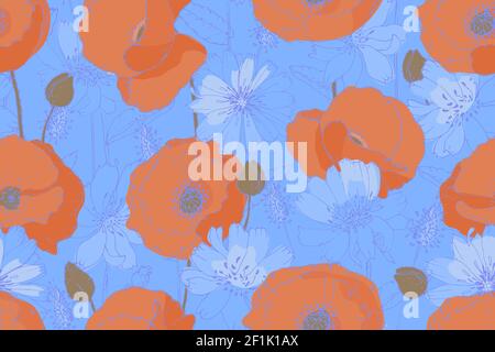 Vector floral seamless pattern. Orange poppies, blue chicory. Stock Vector