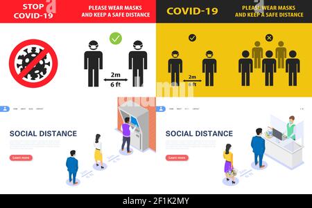 Set concept for social distancing banners, measures of prevention and protection against the spread of covid-19. Flat vector isometric illustration. Stock Vector