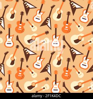 Guitar music instrument seamless pattern, cartoon icon background of different style instruments. Retro electric guitars for band event, concert conce Stock Vector
