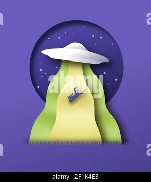 Alien abduction illustration, 3D paper cut craft style. UFO spaceship abducting man in night sky scene. Mystery event, web error or unusual sci-fi  fa Stock Vector