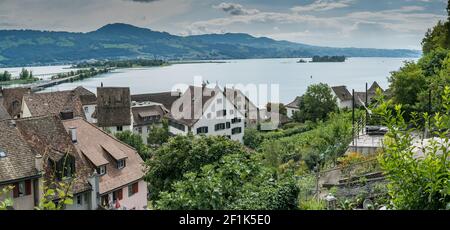 High angle view of the historic old town of Rapperswil with Lake Zurich behind Stock Photo