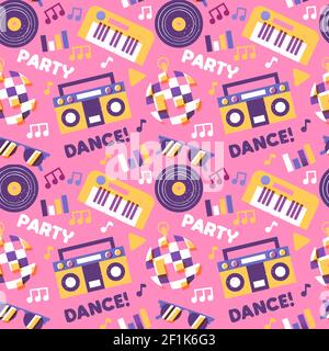 Party music seamless pattern with cartoon piano, disco ball, dj vinyl and more electronic equipment icons. Fun dance celebration background design. Stock Vector